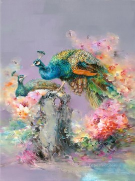 Peacock in Flowers Floral Branches birds Oil Paintings